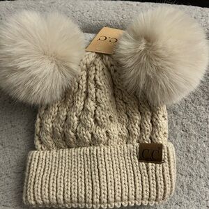 CC Beige Knit Hat with Pom Poms
